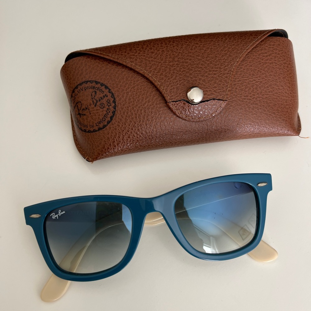 Ray-Ban Wayfarer sunglasses with blue and white frame